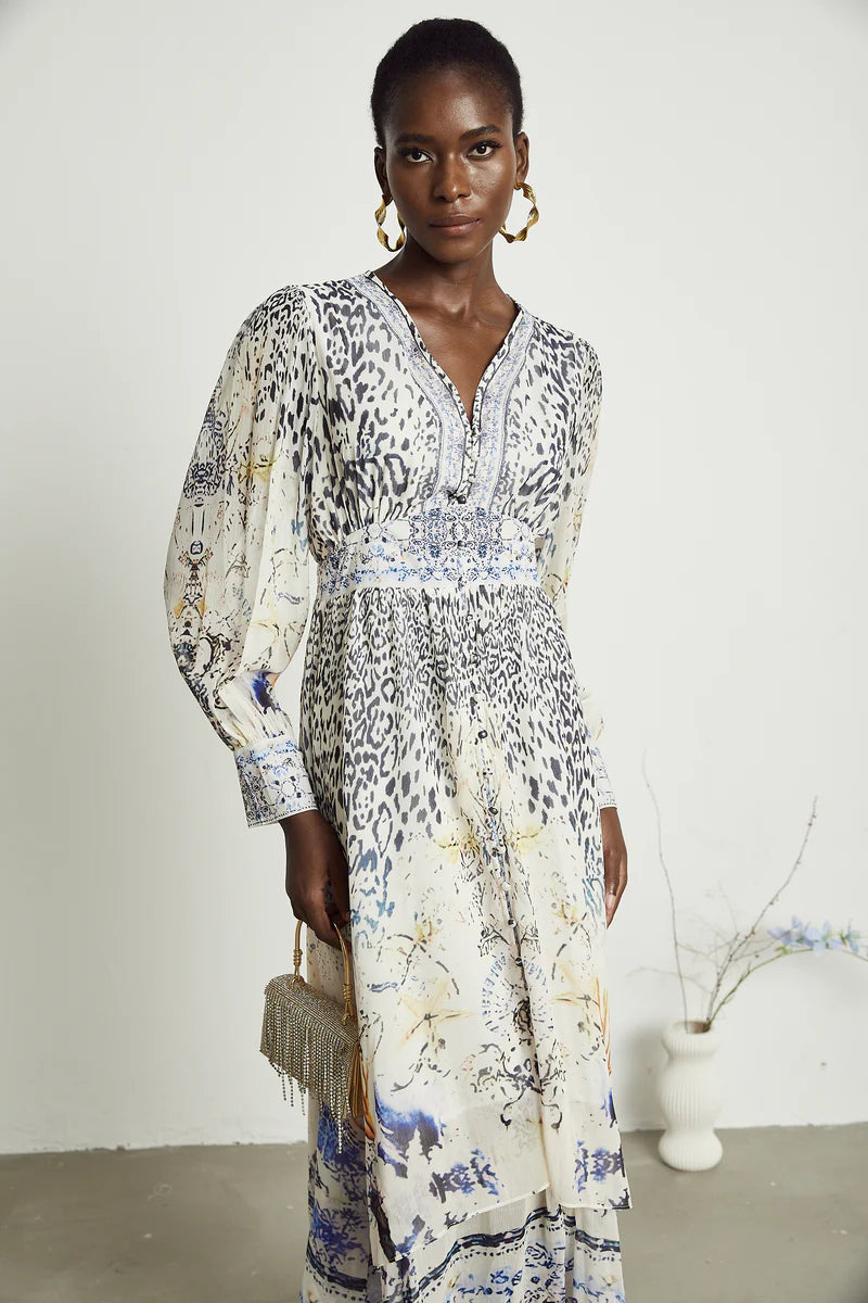 Elida button-front ruffled maxi dress