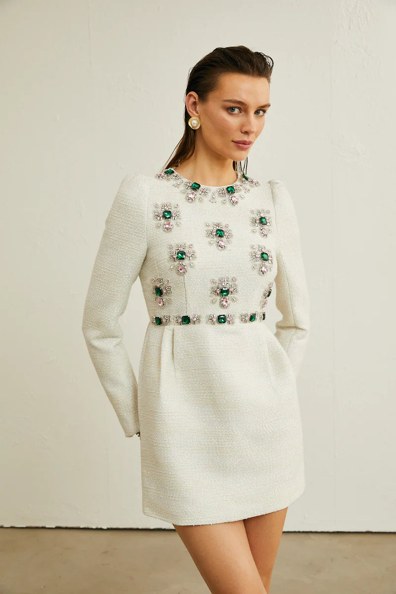 Pauline White Tweed Mini-robe ornée de perles de perles