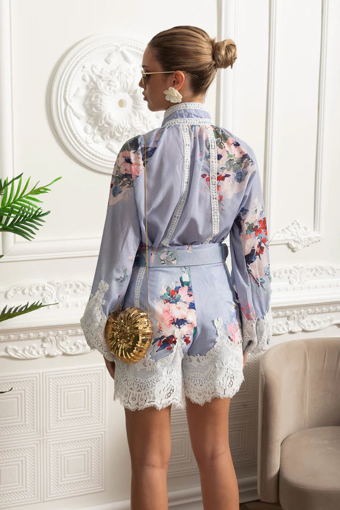 Floral Romper with Lace Insets and Statement Belt - Powder Blue
