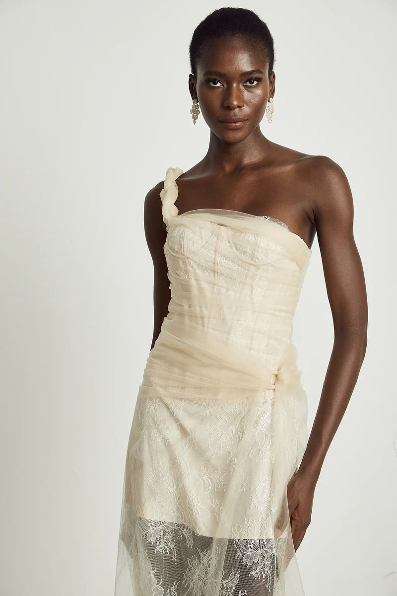 Juno pleated mesh midi dress in Neutrals