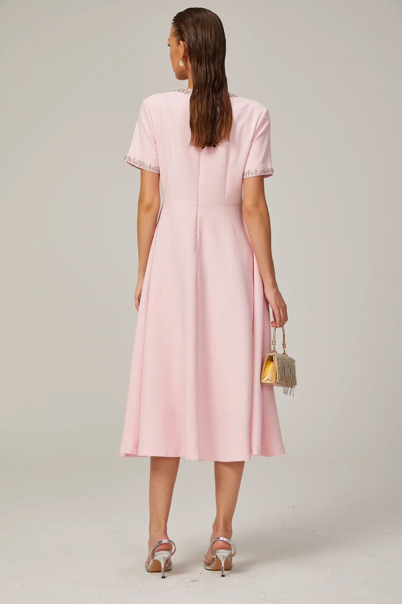 Esther pink bow-detail short-sleeve crystal midi dress