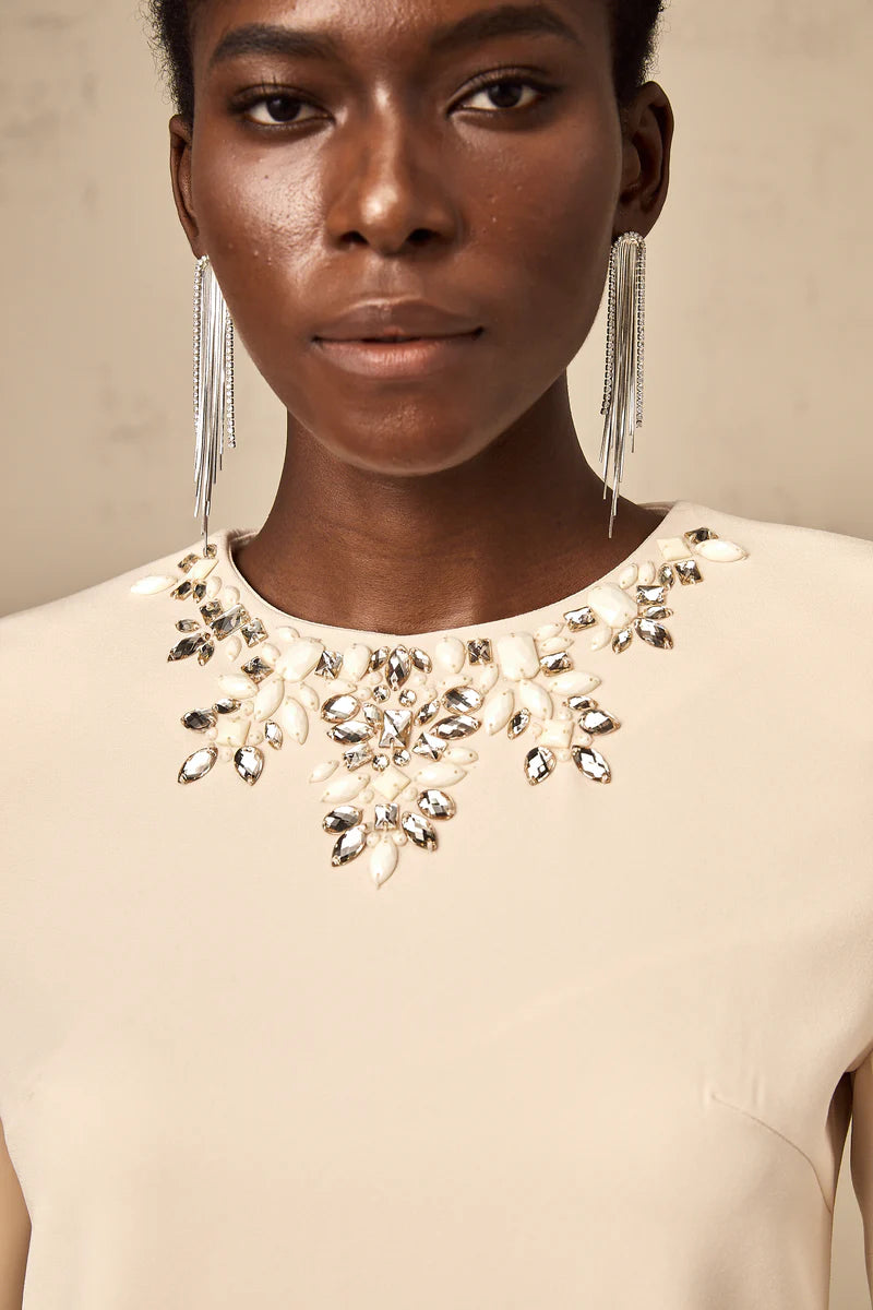 Mélissa crystal-embellished long-sleeved mini dress in Neutrals