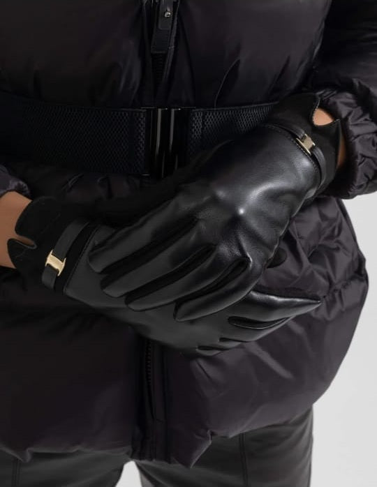 Vegan Leather And Suede Gloves With Gold Buckle Detail - Black