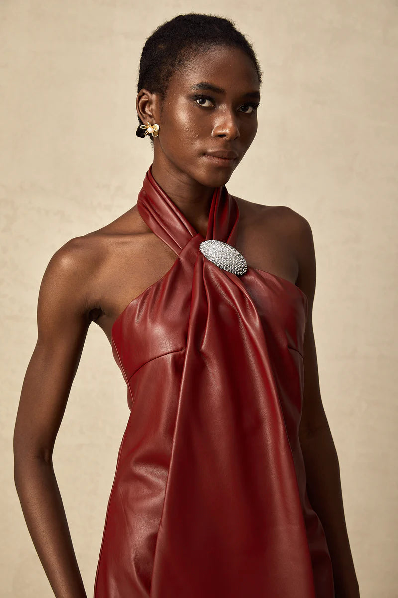 Maxanne Red Halterneck Mini-robe en peau de mouton