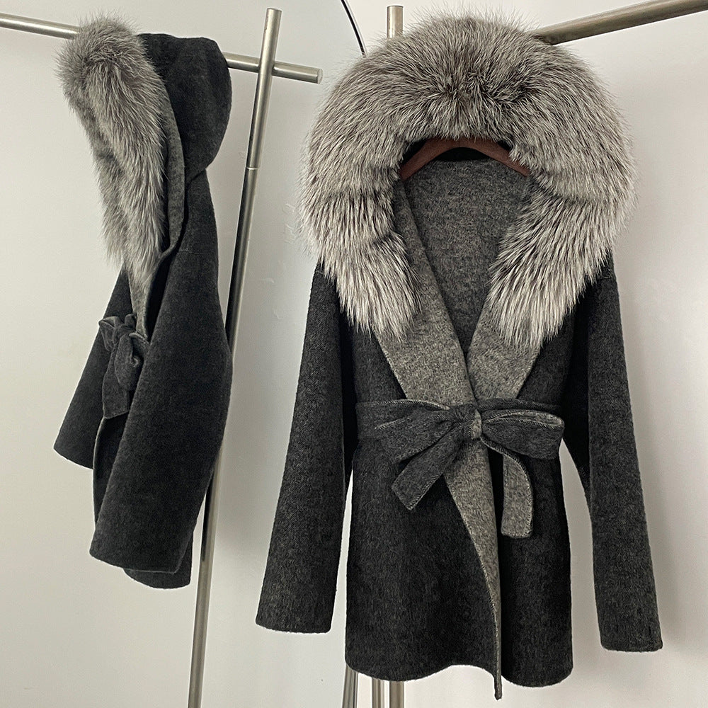 Two-color fur woolen coat