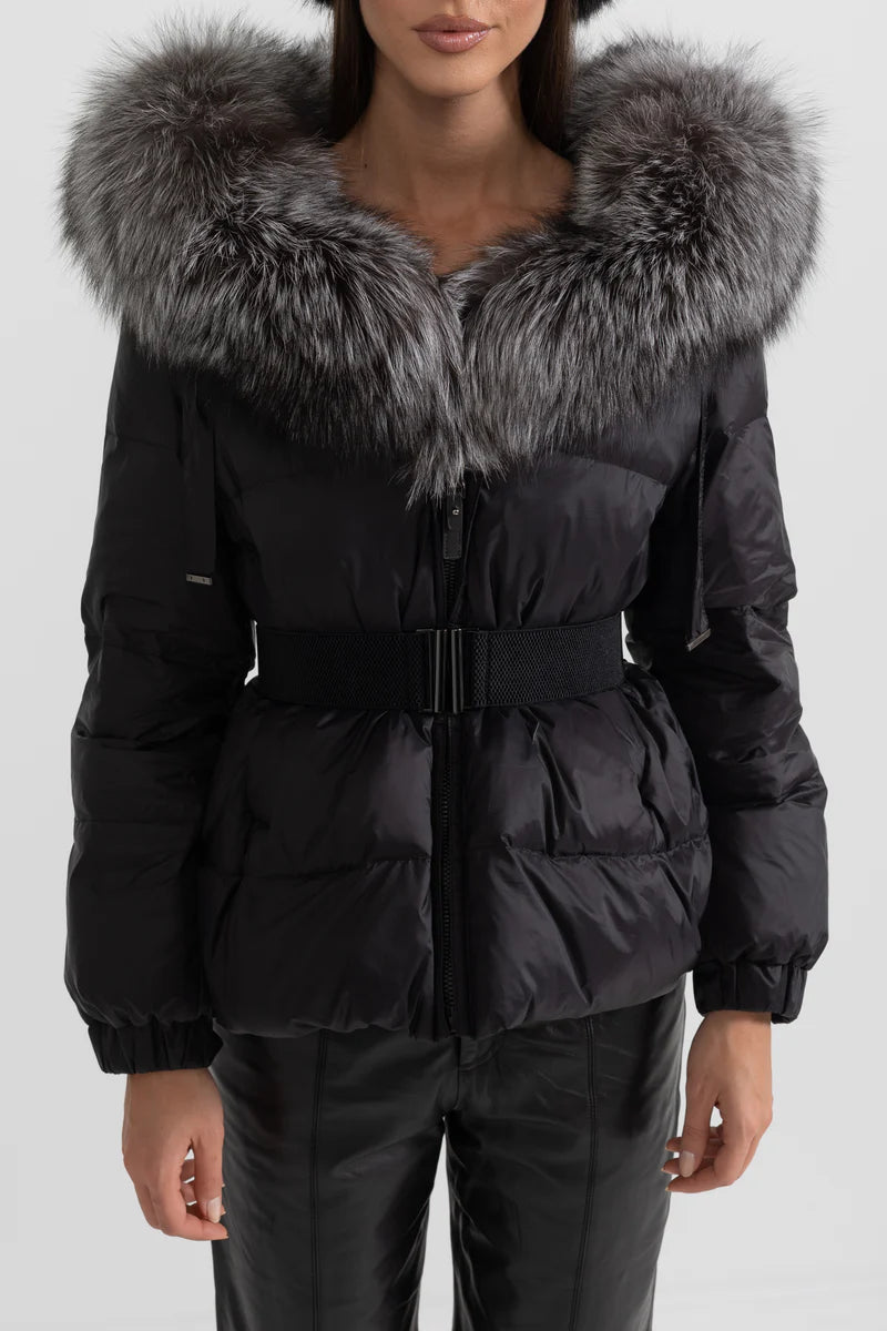 Puffer Jacket With Waistbelt And Brown Fox Fur-Lined Hood
