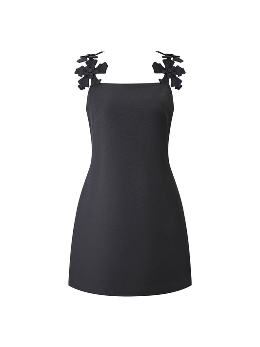Niche design, handmade flower strap, straight neckline, cinched waist, short skirt, niche fashion, suspender A-line dress