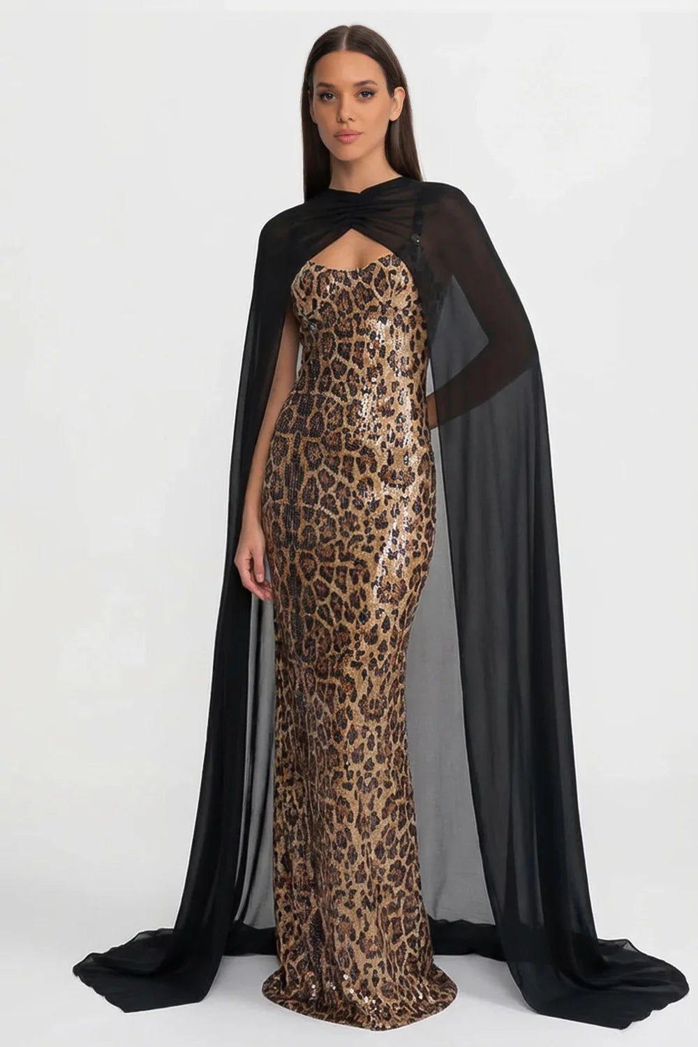 Sequin Maxi Dress with Sheer Cape Overlay – Leopard & Black – PALMA PARIS