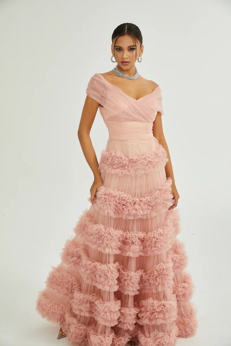 solène pink tiered maxi dress Color:Blue-Double A-line White Black Polka this maxi dress is off-shoulder Scaasi dress