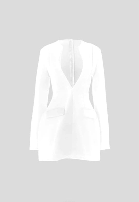 LONG SLEEVED BLAZER DRESS WITH DEEP V-NECKLINE