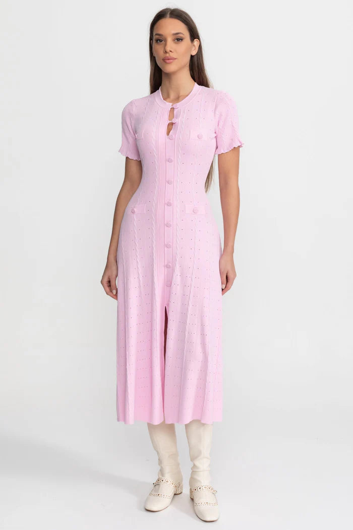 Knit Button-Front Midi Dress with Scalloped Sleeves Pink Knit Button-Front Midi Dress with Scalloped Sleeves Pink