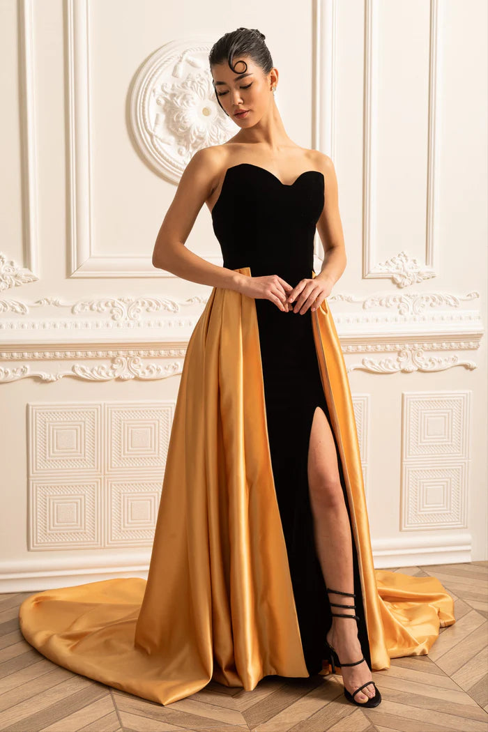 Velvet Gown With Fitted Bodice And Flowing Gold Satin Skirt