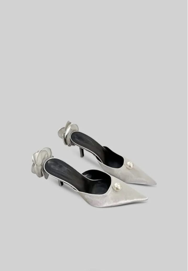 Satin Sandals with Pearl and Flower Detail - Silver