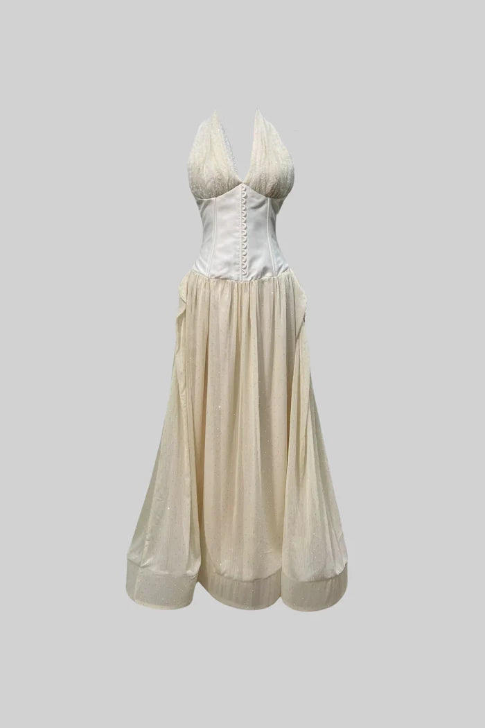 Elegant Gown With Fitted Corset-Style Bodice And Flowing Maxi Skirt - PALMA PARIS Elegant Gown With Fitted Corset-Style Bodice And Flowing Maxi Skirt - PALMA PARIS