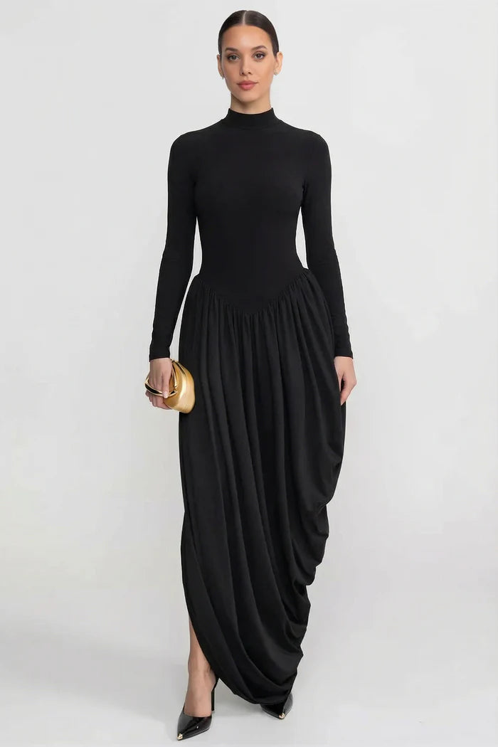 long sleeve full skirt dress Maxi With Draped atf-oc-05.29.25 Color:Vanilla with Black Trim Summer Melody Babydoll Dress