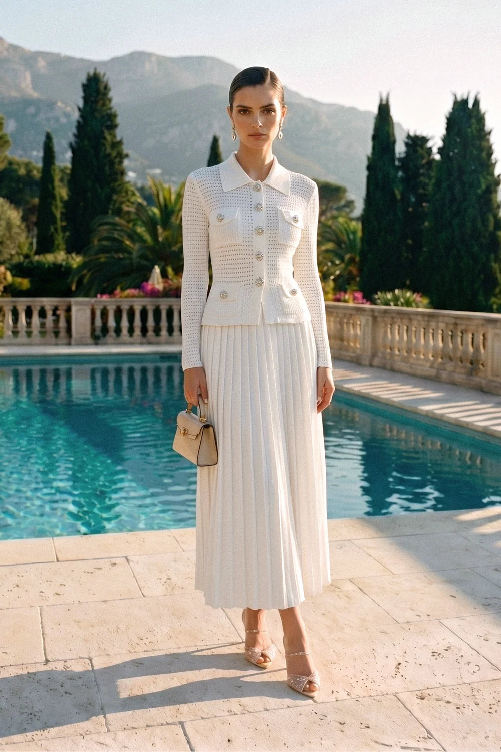 Open-Knit Dress with Pleated Midi Skirt