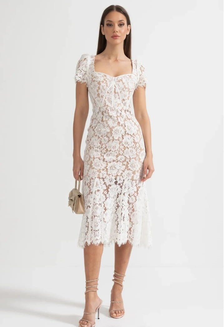 Short Sleeved Lace Dress With Delicate Matching Waist Belt