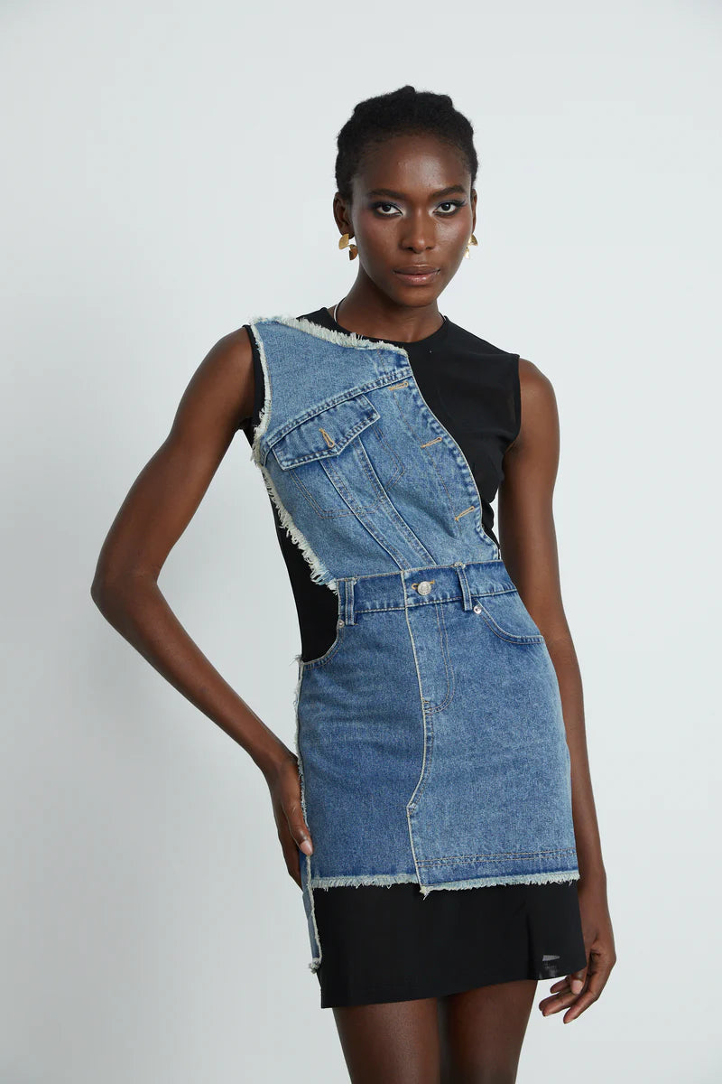 Lana denim patchwork sleeveless dress