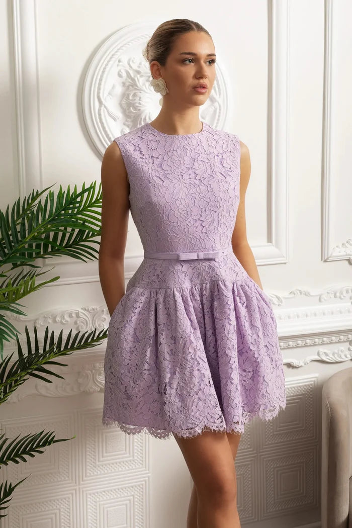 paris sleeveless mini dress Sleeveless Lace Mini Dress with Belted Waist and Scalloped Hem