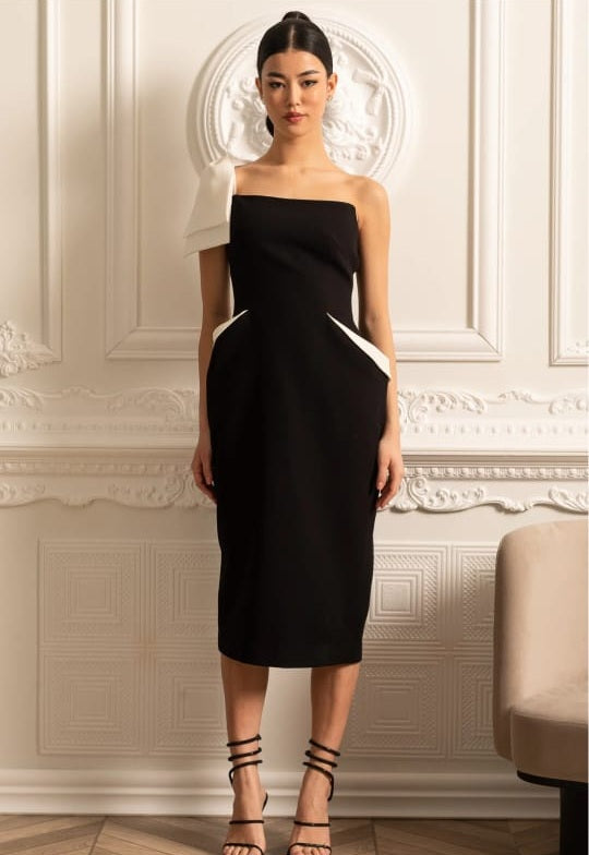 Elegant Asymmetrical Dress With Contrasting White Detachable Capelet - Black Elegant Asymmetrical Dress With Contrasting White Detachable Capelet - Black