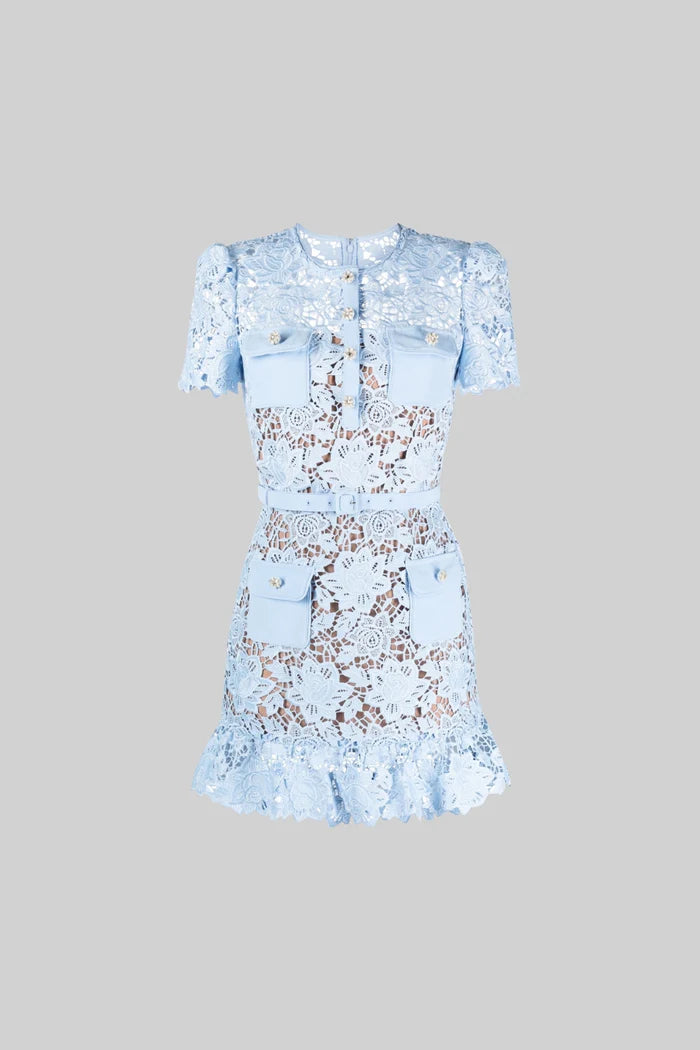 Short Sleeve Embroidered Floral Dress - Blue Short Sleeve Embroidered Floral Dress - Blue