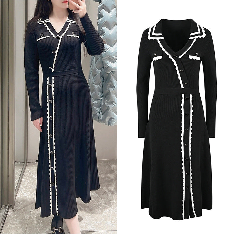 Elegant elastic thin black knit dress for Cruise 2024 new contrasting V-neck long-sleeved skir