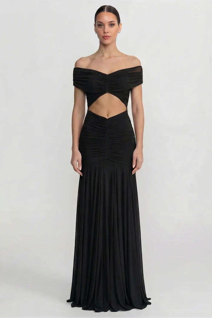 cut out waist maxi dress Ruched Off-The-Shoulder With Cut-Out Color:Navy & White Pinstripe camping gear backless dress Cabana Club Strapless Smocked This romantic and sheer
