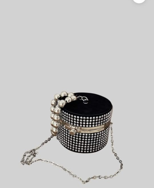 Circular Metallic bag with stones and pearls - Silver