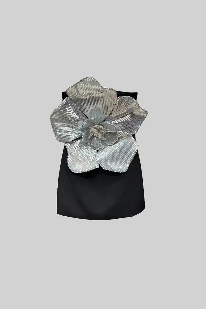 Voluminöses Silberblumen -Mini -Kleid - schwarz