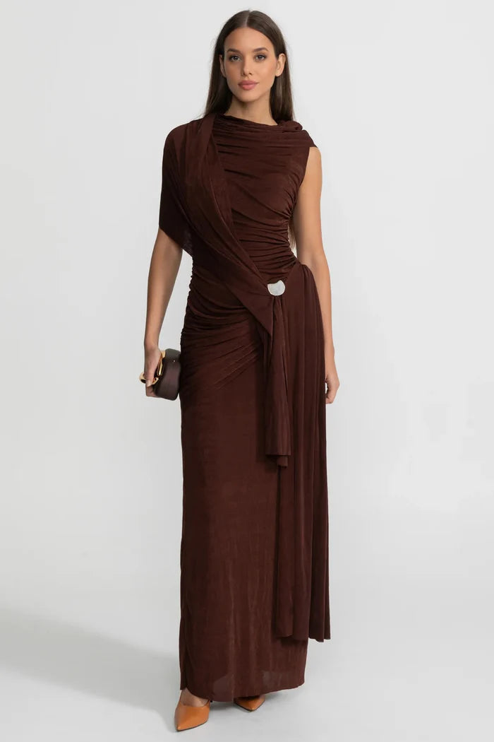 modal jersey maxi dress Draped with Shoulder Scarf Detail 350