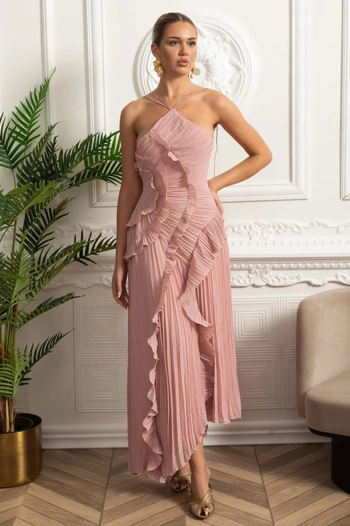Pleated Halter Midi Dress With Cascading Ruffle Details