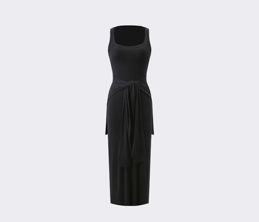 Two pieces tied sleeve cinched waist design midi dress round neck sleeveless long skirt women