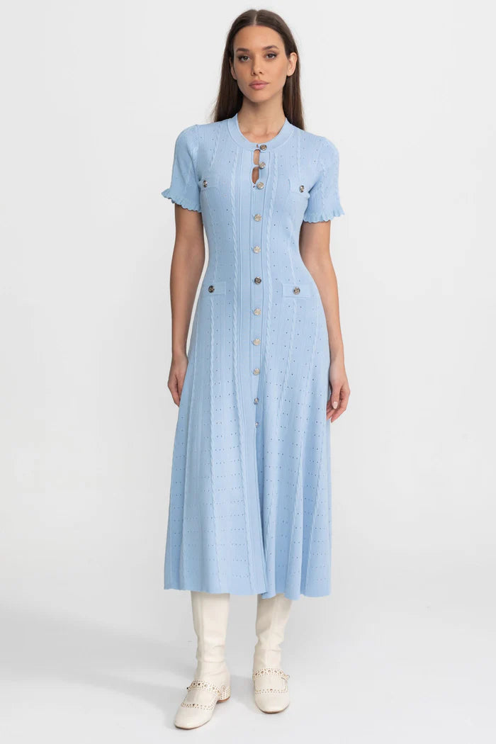 Knit Button-Front Midi Dress with Scalloped Sleeves Baby Blue Knit Button-Front Midi Dress with Scalloped Sleeves Baby Blue