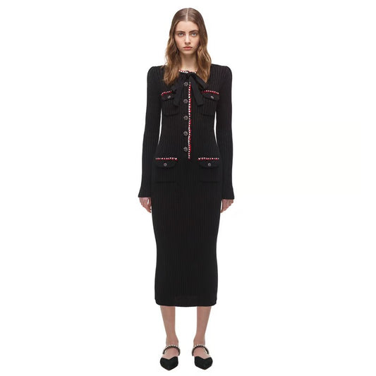 Self-Portrait Black Lurex Contrast Trim Midi Dress Dress