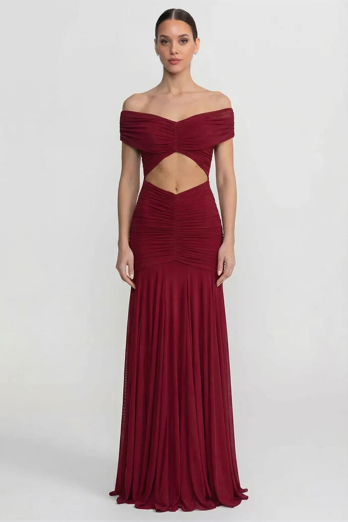 fitted lace wedding dress Star Fall One-Shoulder Rosette Maxi Dress Red