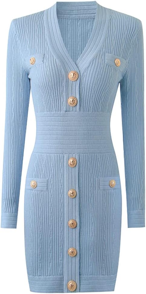 Women Buttons Knit Dress with Pockets Long Sleeve V-Neck Casual Mini Sweater Dress