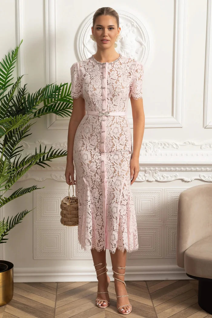 lace fitted dress Elegant Floral with Button Detail and Scalloped Hem The fitted lace gown Color:Blue Radiance fiona51224 Romantic V-Neck Ruched Bodice