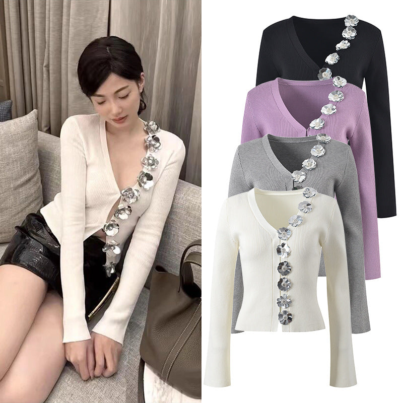 V-neck Knitted Cardigan Women's 2023 Autumn New Heavy Industry Sequin Flower Niche Design Slim Top