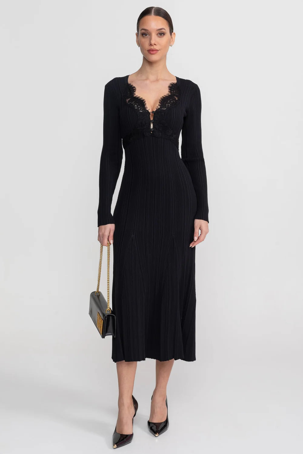 Ribbed Long Sleeve Midi Dress With Lace-Trim V-Neckline