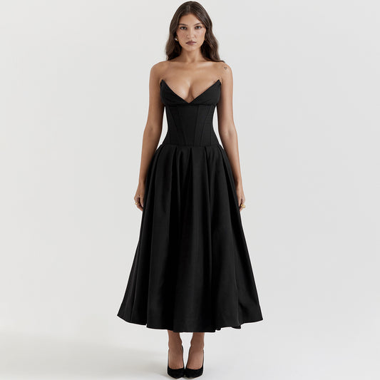 Backless herringbone corset black dress