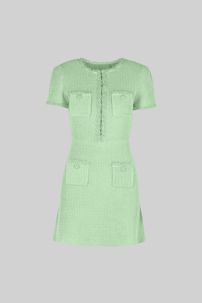 Tweed Mini Dress With Short Sleeves And Buttoned Front Closure - Green