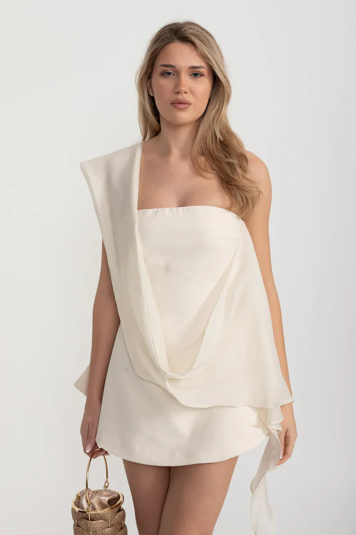 Strapless Fitted Mini Dress With Flared Skirt And Draping Scarf Attach   PALMA PARIS