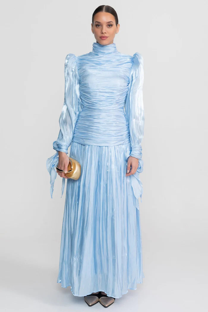 Ruched Long Sleeve Maxi Dress With Pleated Skirt - Sky Blue PALMA PARIS Ruched Long Sleeve Maxi Dress With Pleated Skirt - Sky Blue PALMA PARIS