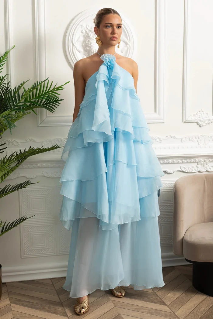halter tiered maxi dress Ruffle type:Blazer Natural Fiber Casual Chic for a Rental Duration:30 days