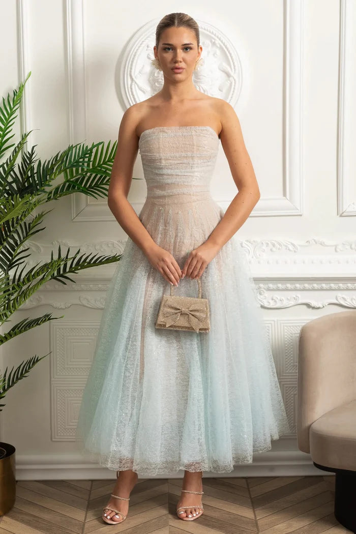 Strapless A-Line Midi Dress With Shimmery Textured Overlay