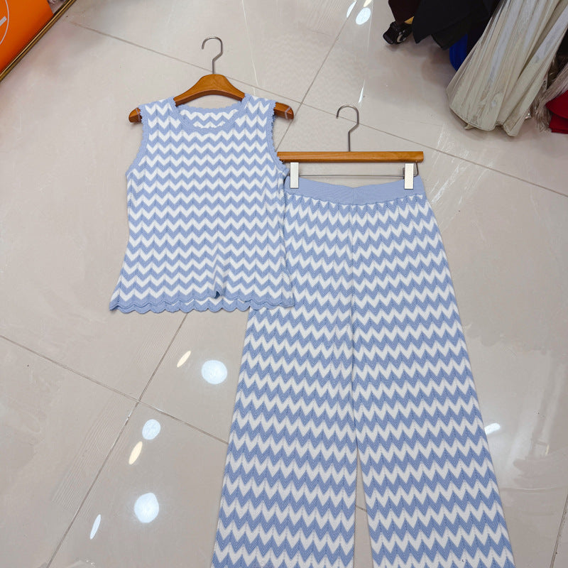 Hollow-Out Sleeveless Knitted Vest Top + High-Waisted Long Pants Set