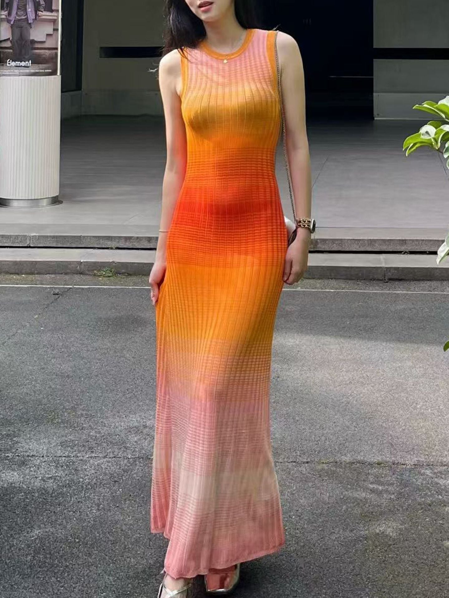 orange gradient round neck dress
