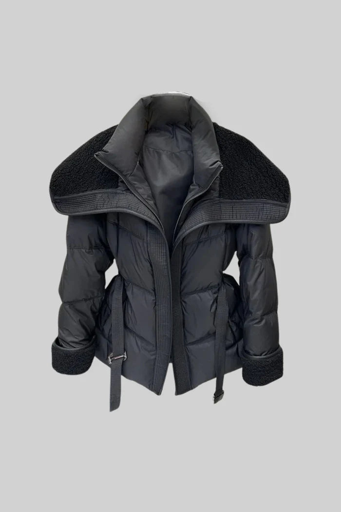 Puffer Jacket with Oversized Shearling Collar And Cuffs - Black