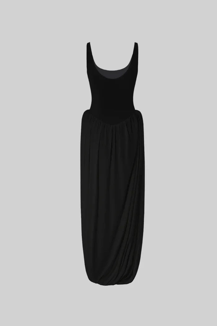 Draped Maxi Dress With Sculptural Skirt And Side Slit - Black