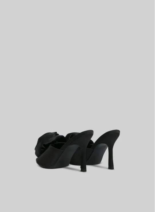 Satin Sandals with Flower Pom Pom - Black